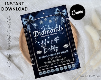 Faire-part d'anniversaire denim et diamants, soirée glam bleue, événement scintillant avec nœud de luxe, téléchargement modifiable