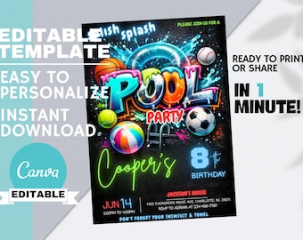 May include: A black pool party invitation with colorful graphics, including a basketball, baseball, soccer ball, and beach ball. The text reads "Pool Party" and "Cooper's 8th Birthday." The invitation is editable and ready to print or share.
