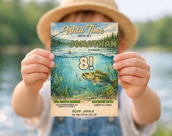 May include: A vintage-style invitation with a fishing theme. The design features an underwater scene with a fish, fishing rod, and the text "Wild Time" and "Jonathan is turning 8!" The invitation includes event details.