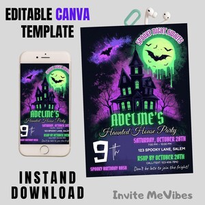 Spooky Haunted House-Geburtstagseinladung: Neon Glow-Halloween-Party (bearbeitbare Canva Vorlage Digitaler Download)