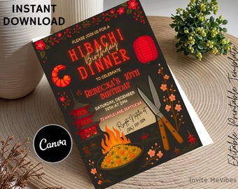 Invitación a cena de cumpleaños con tema hibachi, fiesta en restaurante japonés, invitación a comida asiática, plantilla editable de Canva (descarga digital)