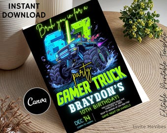 May include: Black invitation card with a neon green and blue monster truck graphic. Text includes "Gamer Truck", "Braydon's 10th Birthday!" and "Dec 14". The words "Instant Download" and "Canva" are also visible.