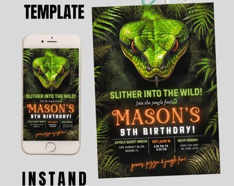 May include: An invitation template for a 9th birthday party with a jungle theme. The design features a green snake illustration, the text "SLITHER INTO THE WILD!" and "MASON'S 9TH BIRTHDAY!" The invitation is available as an instant download.