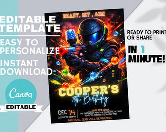 May include: A digital invitation for Cooper's 10th birthday, featuring a paintball theme. The design includes a person in a paintball helmet aiming a paintball gun, with the text "READY, SET, AIM!" and "IN 1 MINUTE!" The invitation is editable and available for instant download.