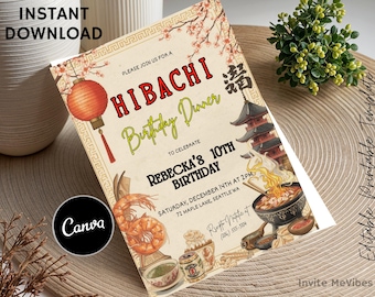 Invitación a cena hibachi, cena de cumpleaños japonesa, invitación a celebración de comida asiática, plantilla editable de Canva (descarga digital)