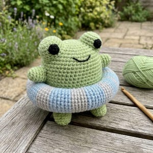 Crochet Frog Floatie Amigurumi Plush, Handmade Green Summer Stuffed Toy, Cute Pool Decor, Custom 4-12 Inch Gift For Kids Room Plushie