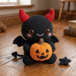 Könnte beinhalten: Eine schwarze gehäkelte Kreatur mit zwei roten Hörnern, großen braunen Augen und rosa Wangen, die einen orangefarbenen gehäkelten Kürbis mit einem schwarzen Kürbisgesicht hält. Die Figur hat kleine schwarze Flügel, einen spitzen Schwanz und einen kleinen schwarzen Stern.