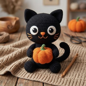 Crochet Black Cat Pumpkin Amigurumi Plush, Handmade Halloween Cat Stuffed Toy, Cute Fall Nursery Decor, Custom 4-12 Inch Gift For Kids Rooms
