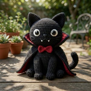 May include: A black crocheted cat figurine wearing a black cape with a red lining and a small red bow tie. The cat has large white eyes, a small black nose, and two white fangs protruding from its mouth. The figure is crafted with visible yarn stitches.
