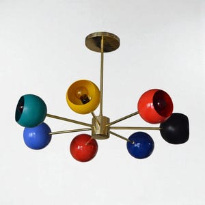 Handmade 7-Light Colorful Brass Ceiling Flush Mount Chandelier | Vibrant Mid-Century Modern Lighting | Boho Flush Light Fixture