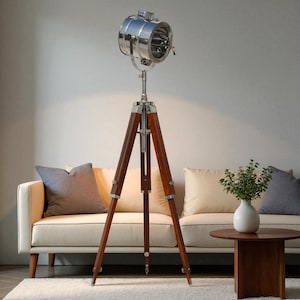 Vintage Tripod Floor Lamp: Industrial Spotlight, Adjustable Height
