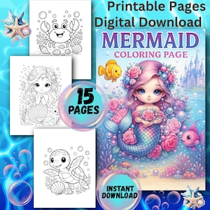 Kleurplaten zeemeermin - 15 afdrukbare pdf-pagina&#39;s, schattige en magische Undersea Fantasy voor kinderen en tieners