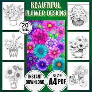 20 Beautiful Flower Designs | Floral Coloring Pages PDF | Printable Adult Coloring Book Instant Download