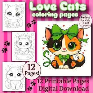 Love Cats Coloring Pages | 12 Printable PDF Pages | Cute & Easy Kitten Designs for Kids and Cat Lovers