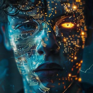 May include: Digital art portrait of a person's face, overlaid with glowing circuit board patterns in blue and gold. The person has blue eyes and a neutral expression, with the circuit patterns highlighting facial features.