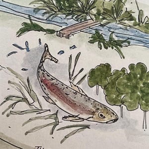 Stockbridge High Street Hampshire. Handgetekende geïllustreerde kaart. Inkt- en aquarelafdruk van de beroemde teststad aan de rivier