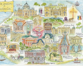Bridgerton film locations, a hand illustrated map