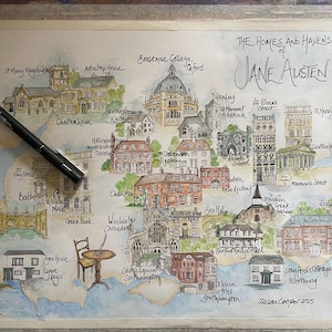 Kaart van Jane Austen Homes and Havens - handgetekende inkt en aquarelafdruk van de huizen en verblijven van Jane Austen door Alison Cooper