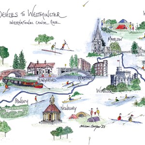 Mapa de la regata de canoas de Devizes a Westminster, firmado, lámina de acuarela de edición limitada