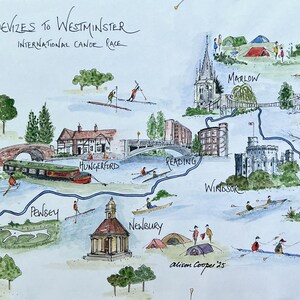 Puede incluir: Mapa en acuarela de la carrera internacional de canoas Devizes a Westminster, con puntos de referencia y la ruta. Incluye el texto "Devizes to Westminster International Canoe Race". Firmado por Alison Cooper '25.