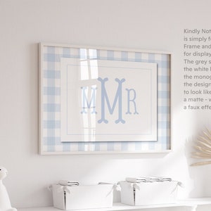 Blue Gingham Wall Art for Nursery - Printed Monogram Boy Room Decor - Baby Boy Nursery - Grandmillenial Boys Room - Blue Fishtail Monogram