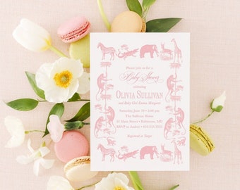 Safari Animals Baby Shower Invitation: Pink Toile Girl Sprinkle (Printable)