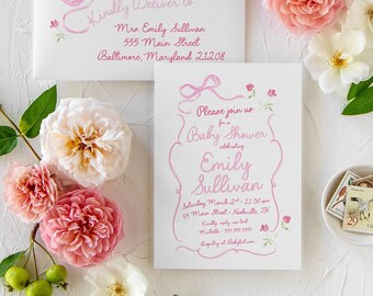 Hand Drawn Bow Baby Shower Invitations: Pink Floral Girl Sprinkle