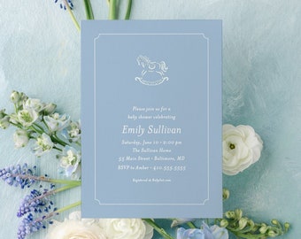 Invitación para baby shower de caballo mecedor: Azul clásico (imprimible)