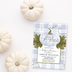 Boy Pumpkin Baby Shower Invitation - Blue Pumpkin Invite - Gingham Fall Baby Shower - Pumpkin Picking Invite - Little Pumpkin is on the way