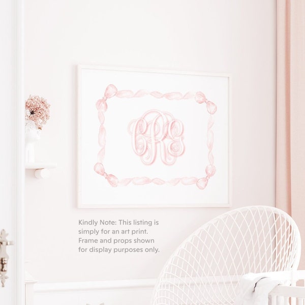 Art mural écusson fille, chambre d'enfant monogramme monogramme, monogramme aquarelle noeud rose, décoration de chambre de fille, chambre de bébé fille, grand-millénaire