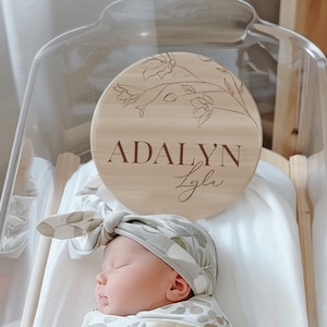 Baby Girl Name Announcement Sign for Hospital | Round Name Reveal Plaque | Birth Announcement | Wooden Newborn Nameplate
