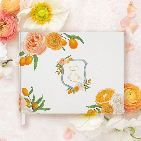 Orange Bridal Shower Guest Book, Baby Shower Guest Book, Citrus Theme Blank Book, Single Initial Guestbook, Monogram Guestbook Mimosa