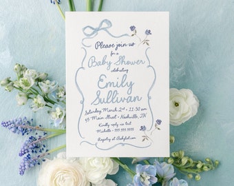 Faire-parts baby shower avec noeud bleu : garçon dessiné à la main (fichier numérique)