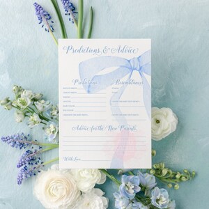 DIRECT DOWNLOADEN - voorspellingen en advies babyshowerspel - blauwe erfstukstrik - AFDRUKBAAR