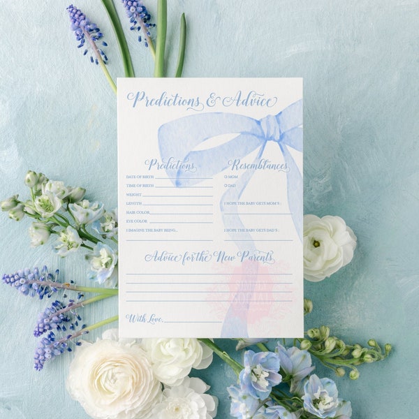 INSTANT DOWNLOAD - Predictions and Advice Baby Shower Game - Blue Heirloom Bow - PRINTABLE