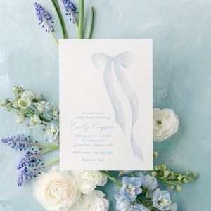 Blue Bow Boy Baby Shower Invitations, whimsical baby boy sprinkle invite, heirloom bow, long tail bow watercolor, sip and see Printable