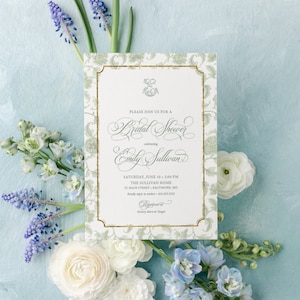 Sage Green Chinoiserie Monogram Bridal Shower Invitations - Monogram Invite - Bridal Brunch - Bridesmaids Luncheon - Bridal Tea - Printable