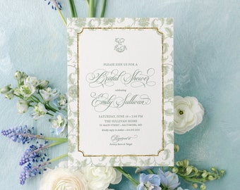 Sage Green Chinoiserie Monogram Bridal Shower Invitation (Digital File)