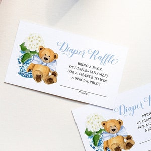 Chinoiserie Teddy Bear Baby Shower Diaper Raffle Insert Card - Boy Baby Shower - Matching Printables - Ginger Jar - Bring a Pack of Diapers