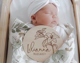 Lily Wooden Baby Name Sign | Flower Engraved Baby Name Reveal Plaque | Modern Birth Announcement Sign | Floral Newborn Photo Prop wood