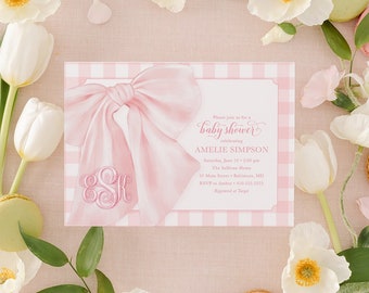Pink Gingham Bow Baby Shower Invitations: Girl Birthday Party