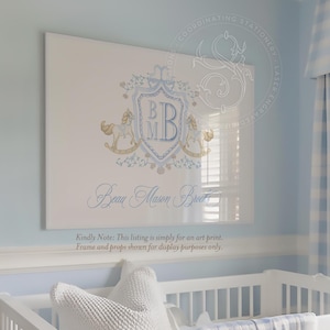 Nursery Wall Art Rocking Horse Monogram Crest Baby Boy Nursery Decor Grandmillenial Boys Room Name Print