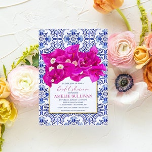 Blue Tile Bougainvillea Invitations - Bougainvillea Bridal Shower Invitation - Santorini Invites - Birthday Invite - Greek Watercolor