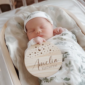 Celestial Baby Announcement Sign: Moon and Stars Newborn Name Wood Sign