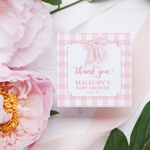 Etiquetas de regalo de cuadros vichy con lazo rosa elegante, etiqueta imprimible para baby shower, etiqueta cuadrada imprimible, rosa y blanco clásico