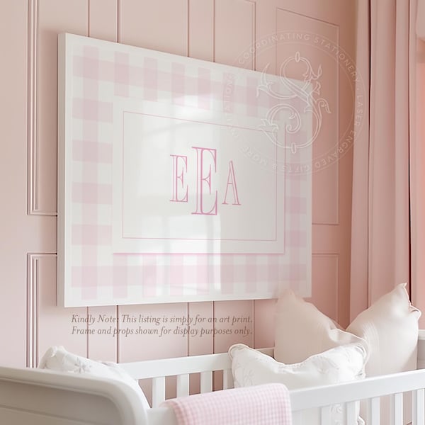 Pink Gingham Monogram Print: Girl Nursery Wall Art