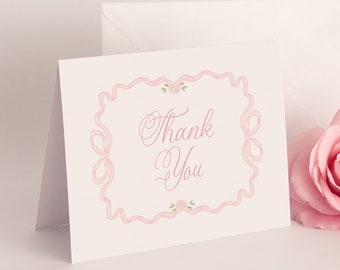 Pink Bow Thank You Notes - Printed Note Cards - Girl Baby Shower Thank You - Heirloom Bow - Watercolor Bow