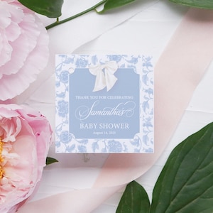 Etiquetas para lembrancinhas Chinoiserie - Lembrancinhas para chá de bebê de menino - Laço de herança - Etiqueta para lembrancinhas para impressão - Etiqueta quadrada para impressão - Chinoiserie Chic