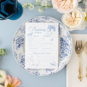DESCARGA INSTANTÁNEA - Juego de predicciones y consejos para baby shower - Toile Safari Azul - Baby Shower de Niño - Imprimible con chispas para bebé niño