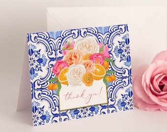 Blue Tile Thank You Cards: Orange & Pink Floral Bridal Shower